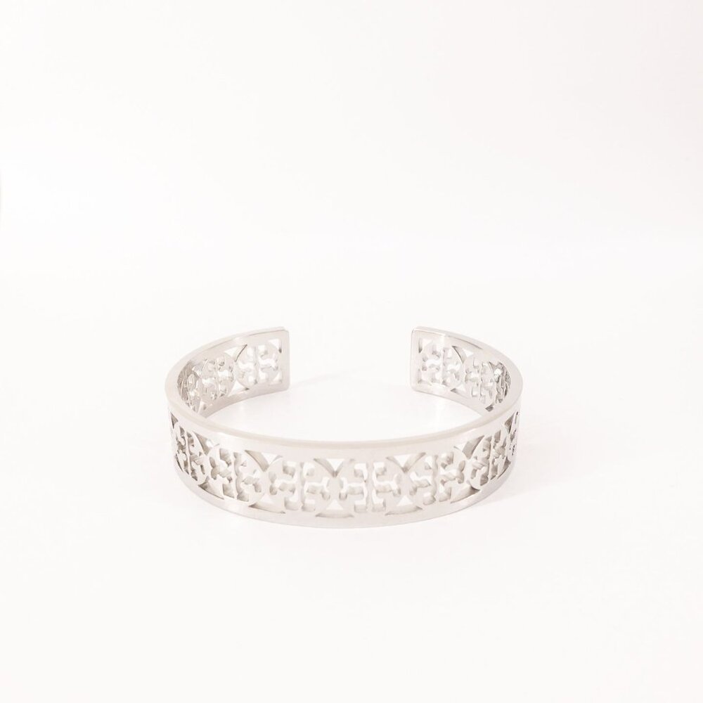 Tory Burch TB Gold Logo Cut out Cuff Bracelet Silver OS - Picture 10 of 10